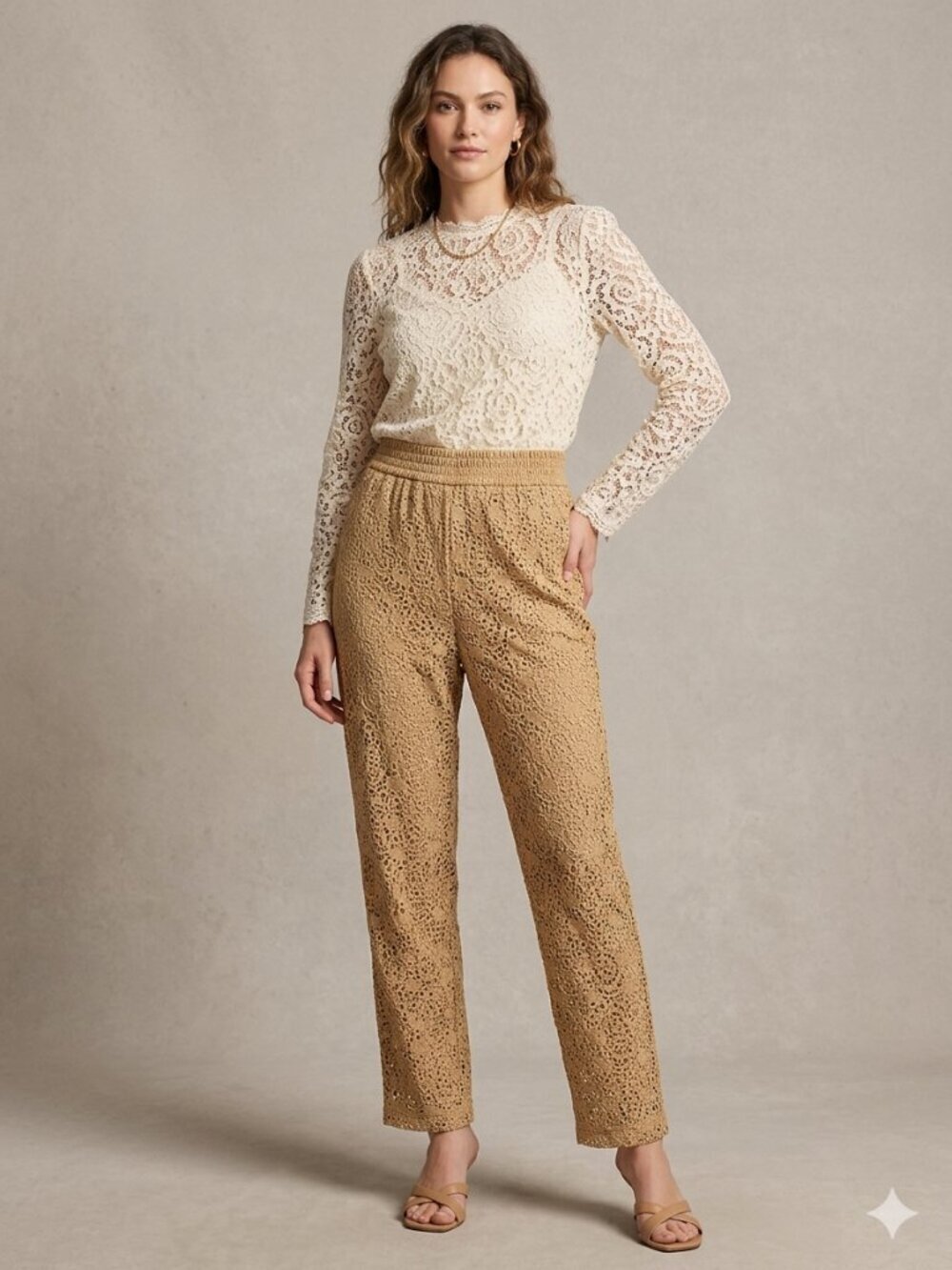 Chico's SZ 3/16-18 XL Arabian Camel Pull On Lace Elastic Waist Lined Ankle Pants